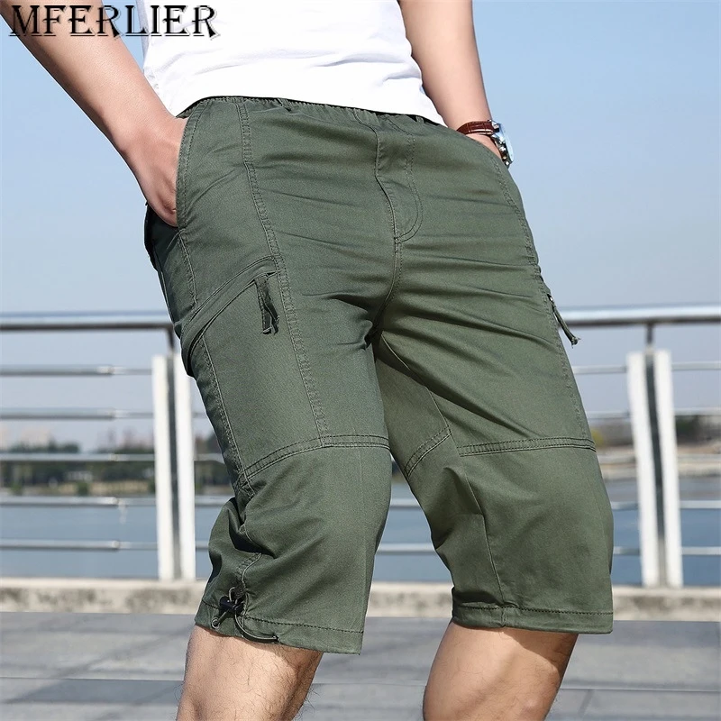 

Cargo Calf-length Pants Men Solid Color Cargo shorts Plus Size 6XL Fashion Casual Elastic Waist Straight shorts pockets Male