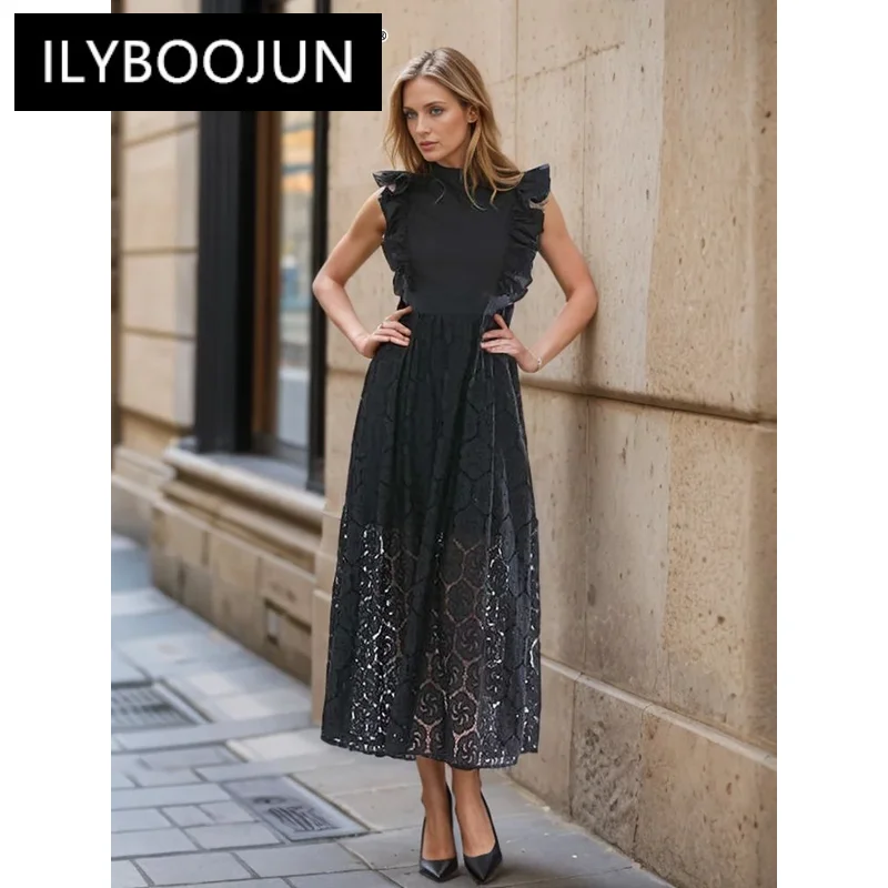 

ILYBOOJUN Embroidered Ruffle Trim Dress For Women Stand Collar Sleeveless High Waist Black Dresses Female Fashion Style New