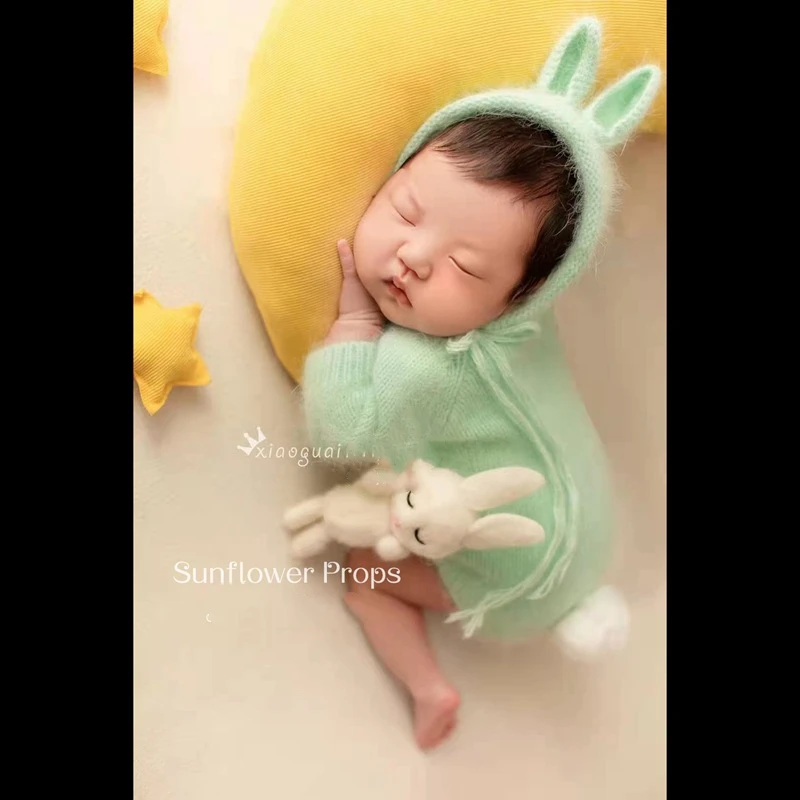 قبعة أرنب منسوجة يدويًا لحديثي الولادة ، إكسسوارات للتصوير الفوتوغرافي ، استوديو تصوير للأطفال ، إكسسوارات تصوير الطفل بالقمر الكامل #3