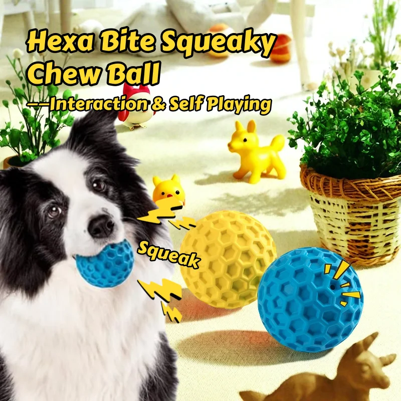 Hexa Bite Squeaky Masw Bola de juguetes interactivos para perros – Textura de limpieza dental de panal con chirrido y rebote para la hora de juegos de cachorros