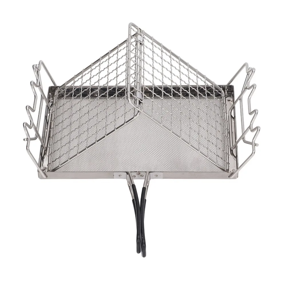 Stainless Steel Camping Toaster Foldable Raised Side Supports Toast Grill Rack Black Handles Mesh Surface Foldable Toaster
