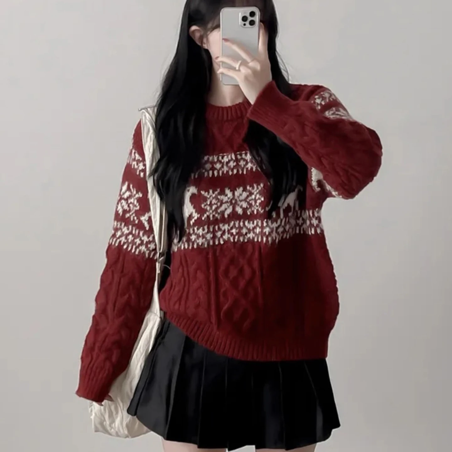 Cisas 鹿柄ニットセーター レディース ラウンドネック プルオーバー ソフトで心地よい 秋冬 ファッション スリム ヴィンテージ スタイル