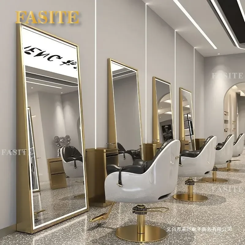 For Hair Double Sided Barber Mirror with LED Light Stainless Steel Vertical Styling Station for Perm Dyeing Cutting