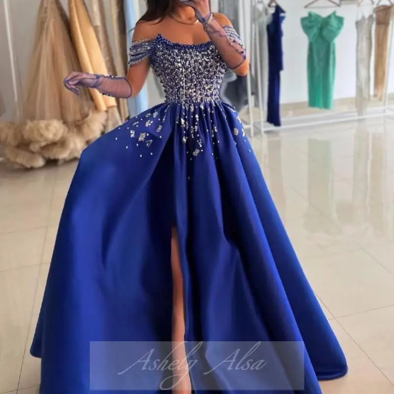 Customized Luxury Blue Beaded Prom Dress Off Shoulder Pearls Crystal Satin Slit Party Special Occasion Dress Formal Evening Wear