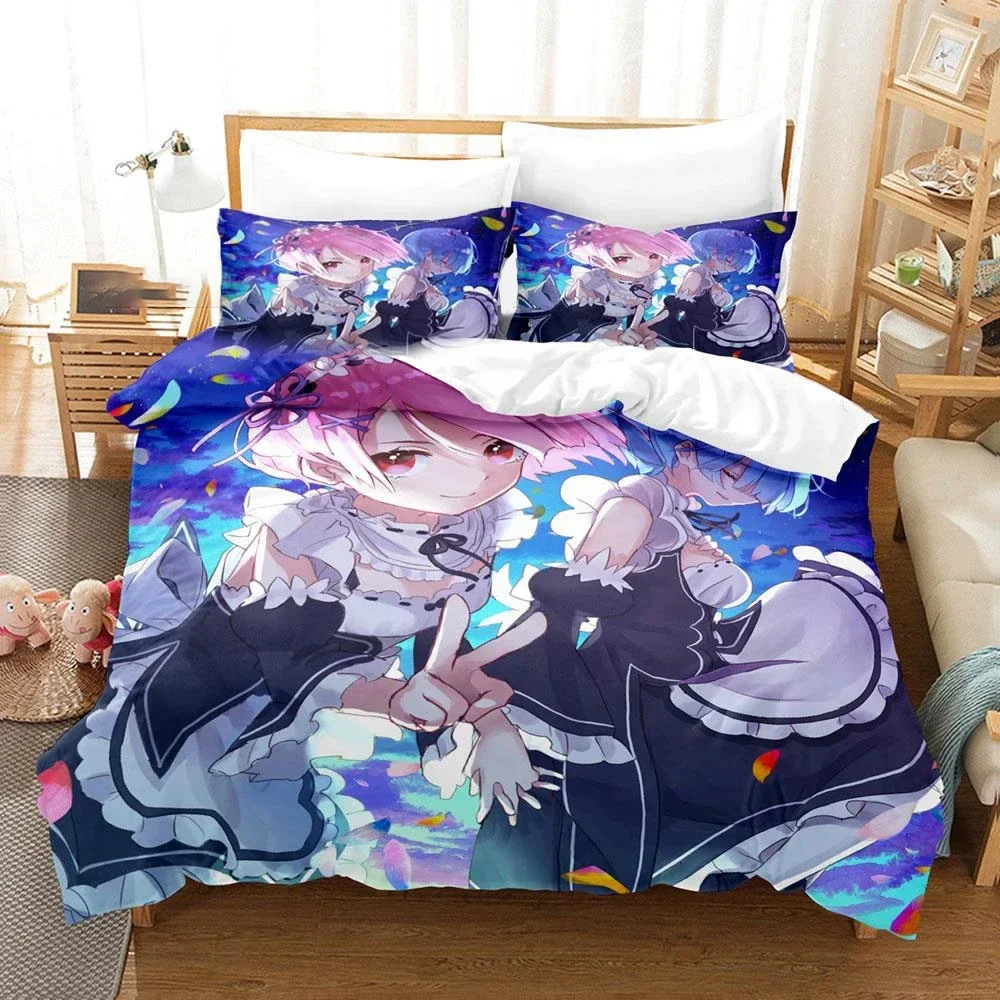 Exquisite Anime Re Zero Rem Ram Emilia Bedding Set,Duvet Cover Bed Set Quilt Cover Pillowcase,King Queen Twin Size Boys Girls Ad