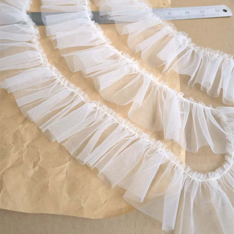 50Yds White Ruffles Mesh Pleated Lace Trim Skirt Wedding Dress Clothes Decoration DIY Apparel Cuffs Sewing Material