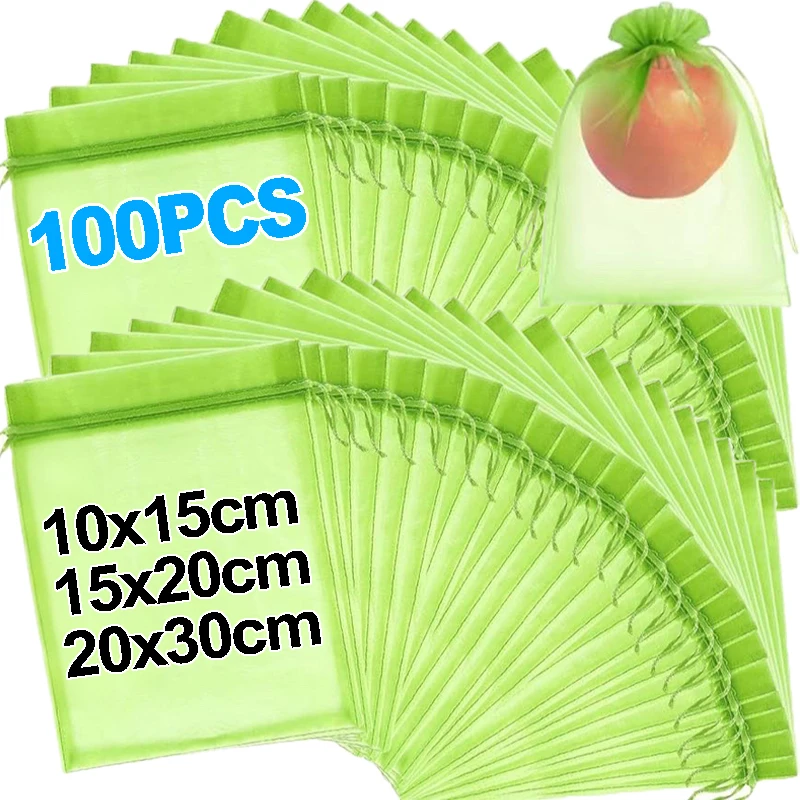 

100/10 шт. марлевые мешки с защитой от насекомых, сетчатые мешки для фруктов, сетчатые мешки на шнурке, защищают фрукты, овощи от птиц и насекомых