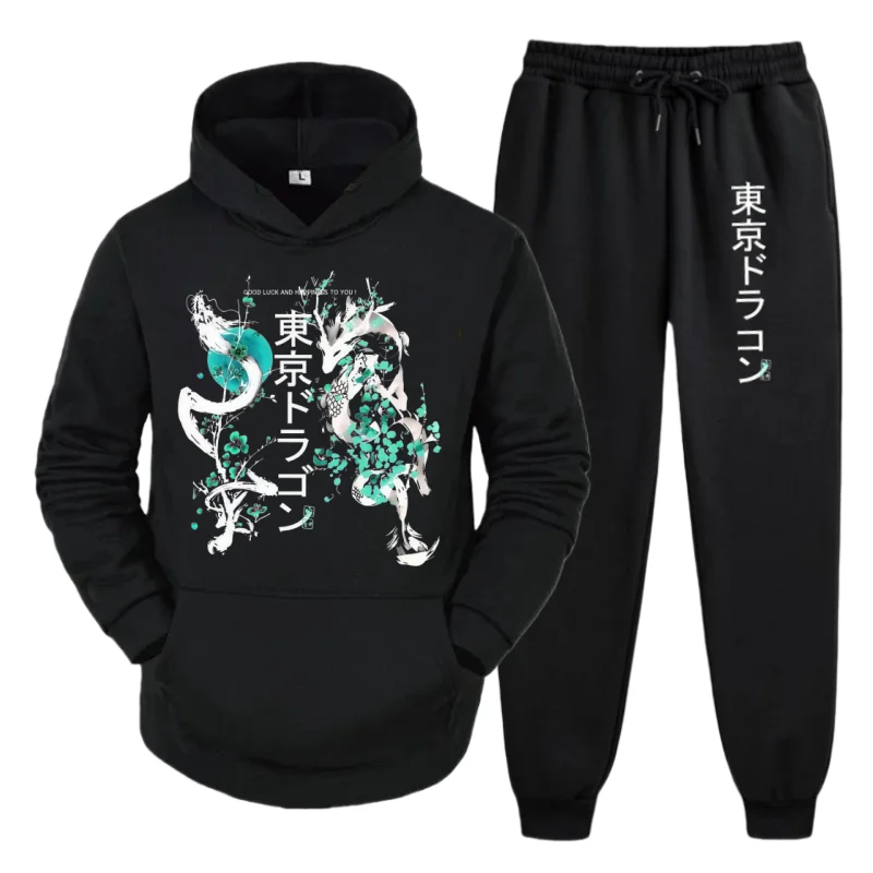مجموعة حرارية خارجية للخريف والشتاء للرجال - هوديي من الصوف + بنطلون بطبعة طوكيو دراجون بلوم، كاجوال مريح من قطعتين #2