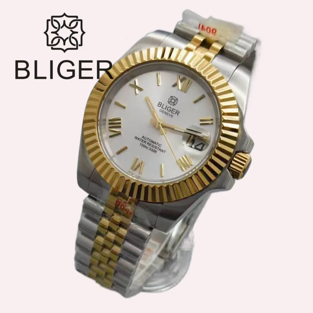 BLIGER 36mm/39mm NH35A Automatic Watch For Men Two-tone Gold Roman Number Indices Jubilee Bracelet Sapphire Glass Fluted Bezel