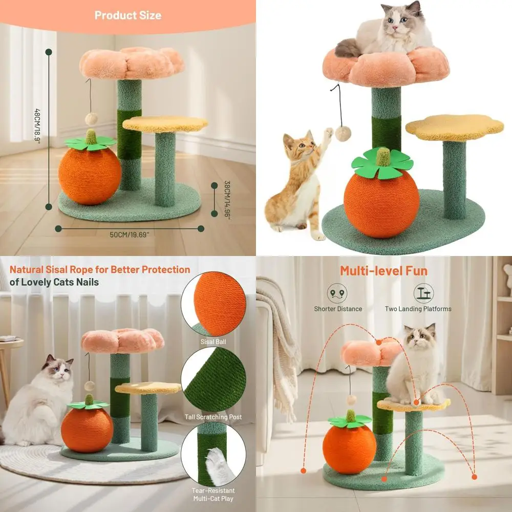 

Indoor Cat Sugar Ball Scratching Post with 2-Level Wooden Track and Interactive Hanging Ball