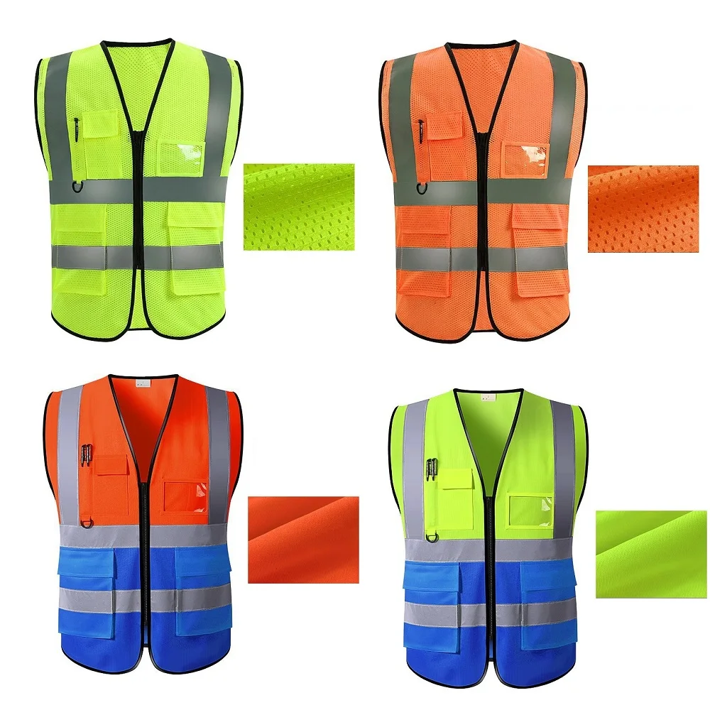 2023 Breathable Reflective Vest Summer Grid Type Multi-pocket For Safety Traffic Outlets Miners Builders Uniform Running Sports