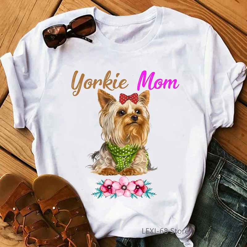 

Летняя футболка Kawaii Yorkie Mom с графическим принтом Женская собака для влюбленных Женская Футболка Harajuku модная футболка Женские топы