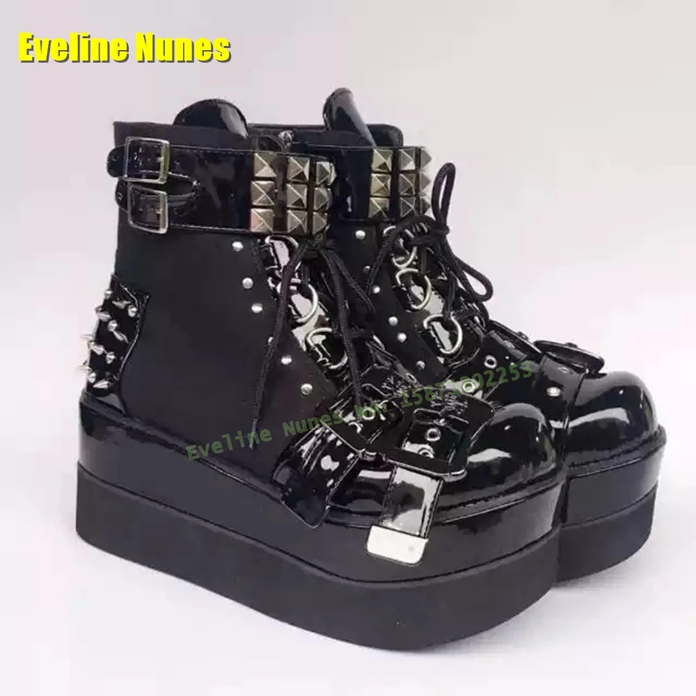 Metal Rivet Spikes Platform Punk Motorcycle Boots Round Toe Thick Sole Skull Pattern Belt Buckle Lace-Up Heavy Work Ankle Booty