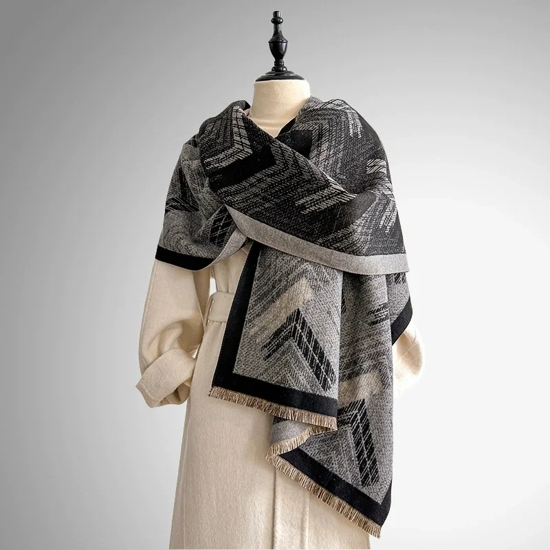 

Новый роскошный шарф с геометрическим принтом для женщин, теплые зимние двусторонние шарфы из пашмины, шали, женские толстые одеяла, платок
