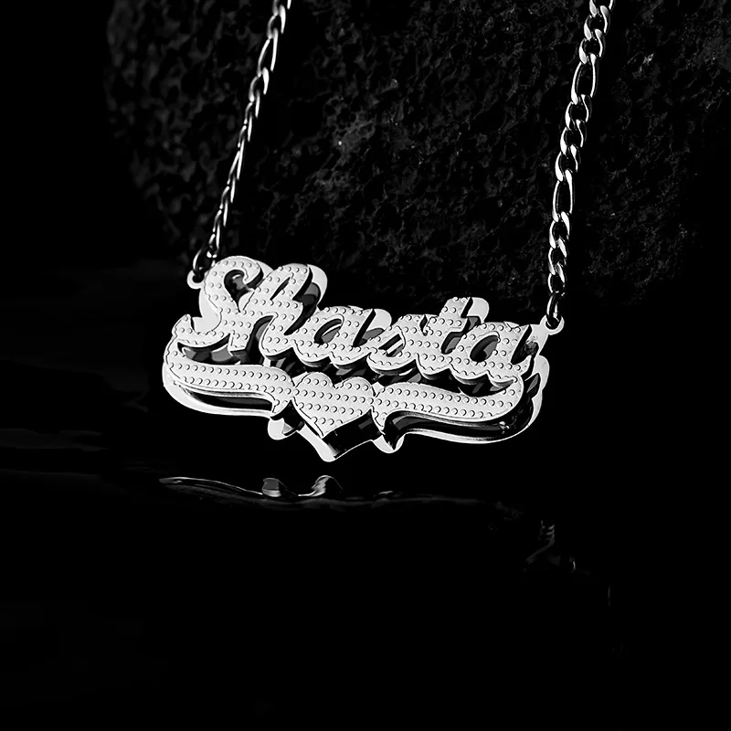 Personalized Double Layer Etched Name Necklace with Love  Stainless Steel Letter Pendant Nameplate Party Birthday Jewelry Gifts