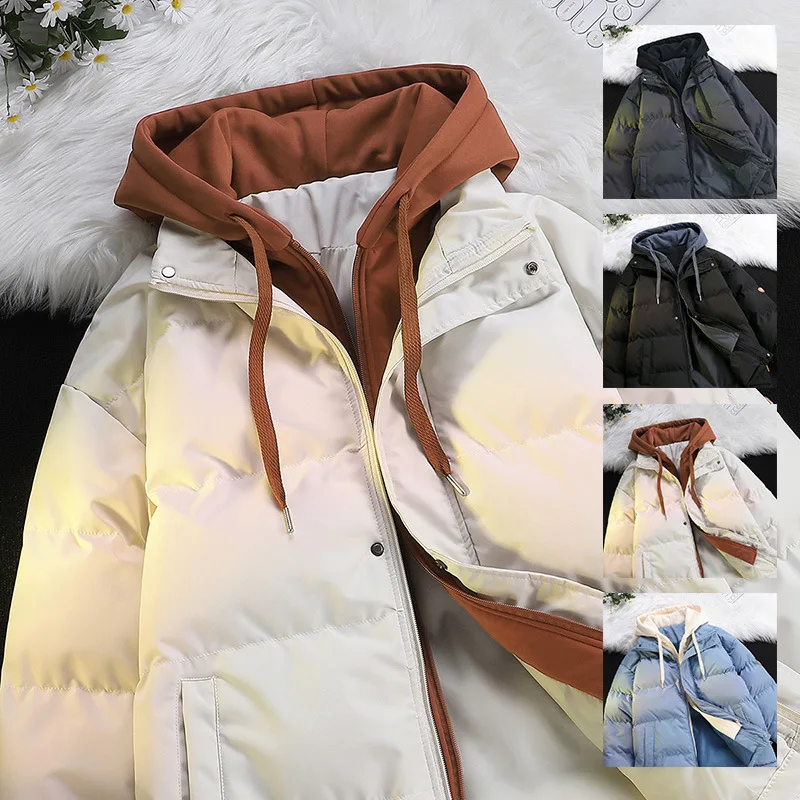 

Couple Fake Two Piece Cotton Jacket Winter Outdoor Style Loose Thickened Plain Color Coat Casual Warm Mens Parka Unisex