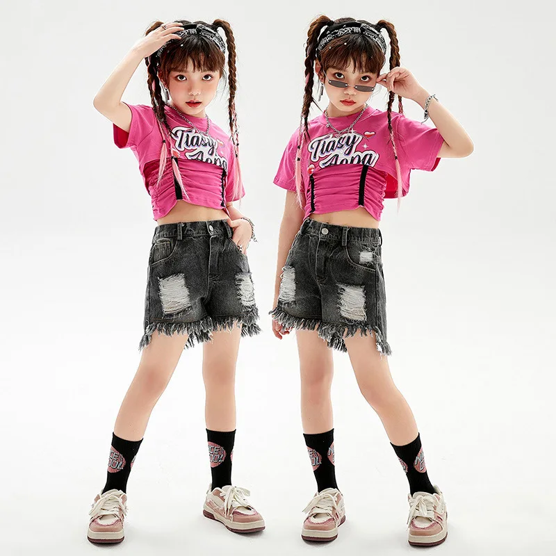 Girls Jazz Dancing Outfits Teenager Clothing Crop Top Ripped Denim Shorts Hip Hop Suit for Kids Show Dance Costume Stage Clothes