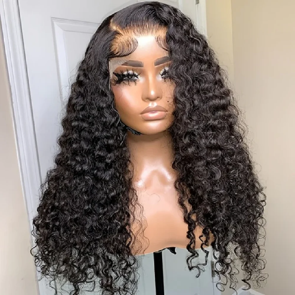 Wig depan renda keriting tanpa lem hitam alami lembut dengan ketebalan 26 inci panjang 180 untuk wanita dengan Cosplay harian prepped untuk bayi rambut