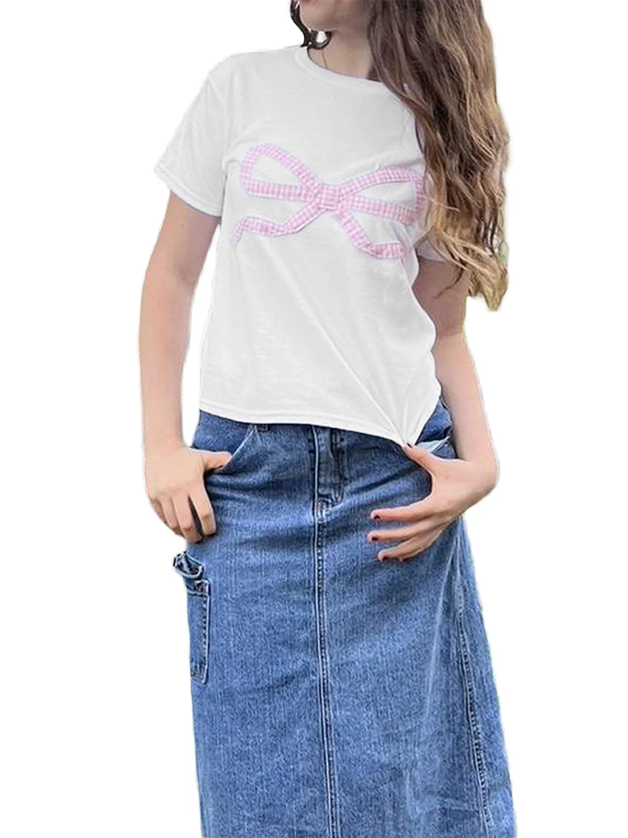 Women T-shirt Crew Neck Short Sleeve Bowknot  Fit Summer Tops Streetwear for Casual Daily