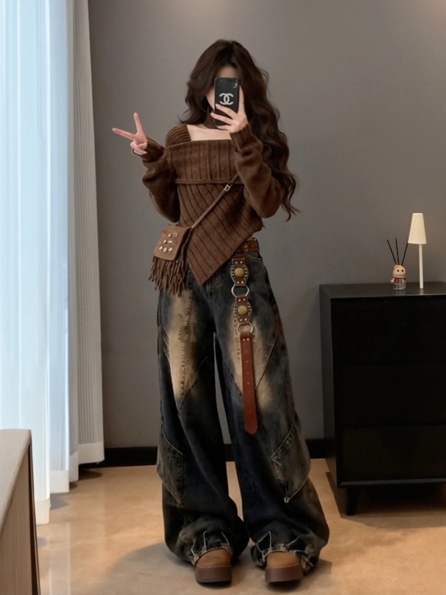 

Женский вязаный свитер и джинсы больших размеров: ретро-комплект из двух предметов для осени и зимы, повседневная модная одежда с высокой талией, свободный крой