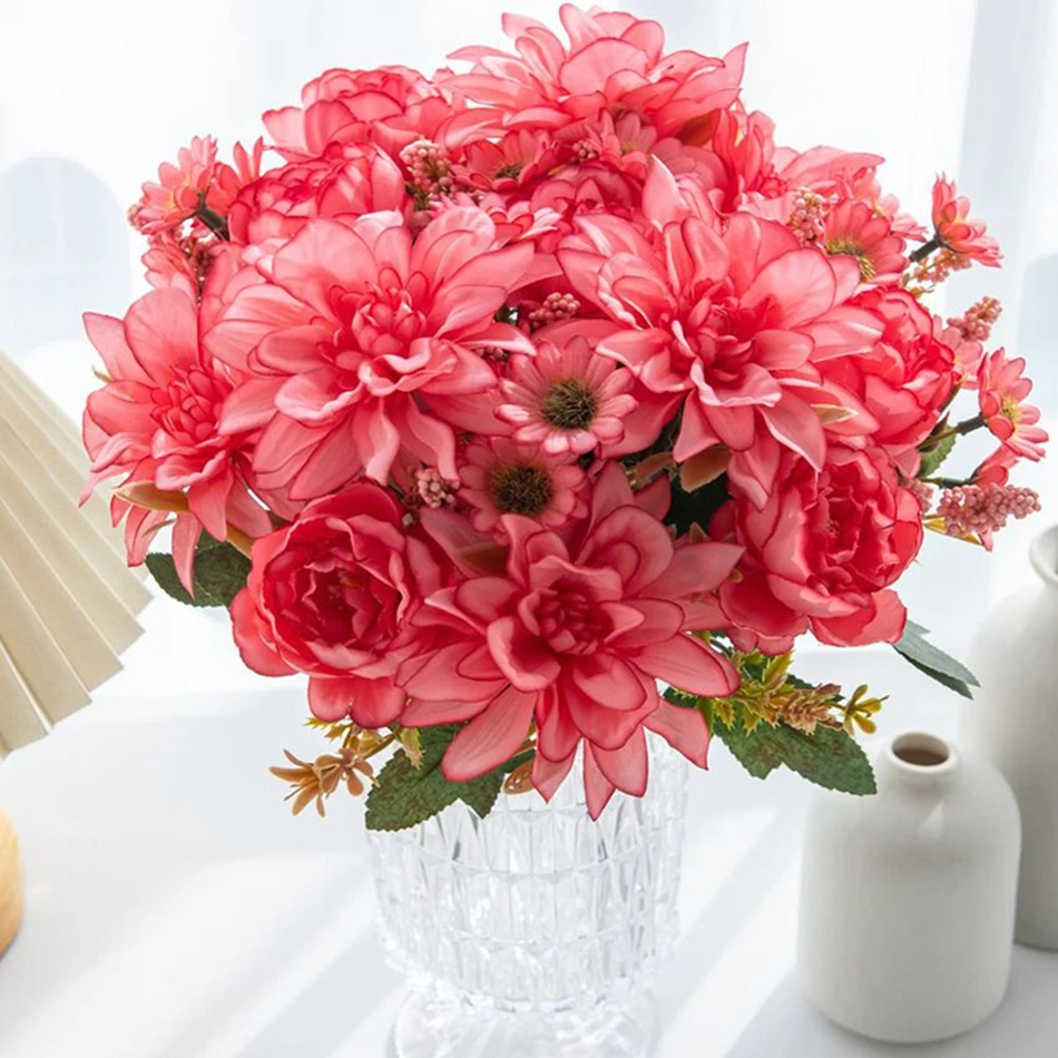 الحرير زهرة اصطناعية الساخن بيع أضاليا الورود ديزي ديكور حديقة المنزل بونساي الزفاف العروس باقة مهرجان الملونة تزين الدعامة