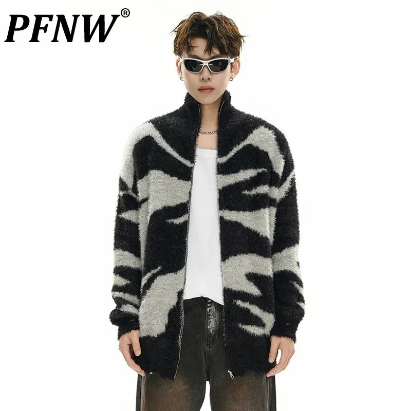 

PFNW мужской свитер в американском стиле с воротником-стойкой контрастного цвета на молнии, свободный пуловер, одежда, осень 2024, индивидуальный 12C821