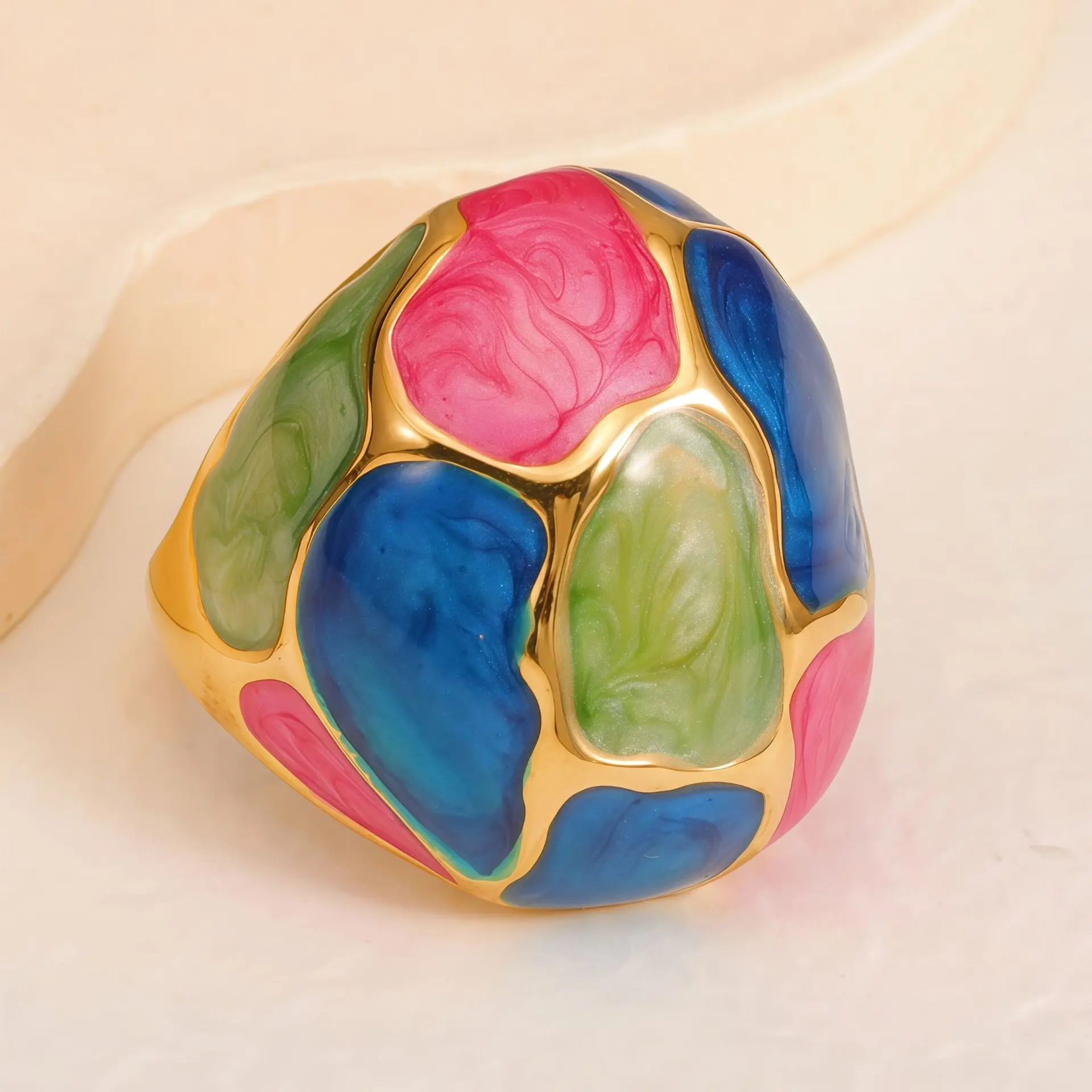 Mehrfarbiger Emaille-Vintage-Ring 18K Vergoldet 316L Edelstahl Auffälliger Einzigartiger Schmuck für Frauen – Detail 4