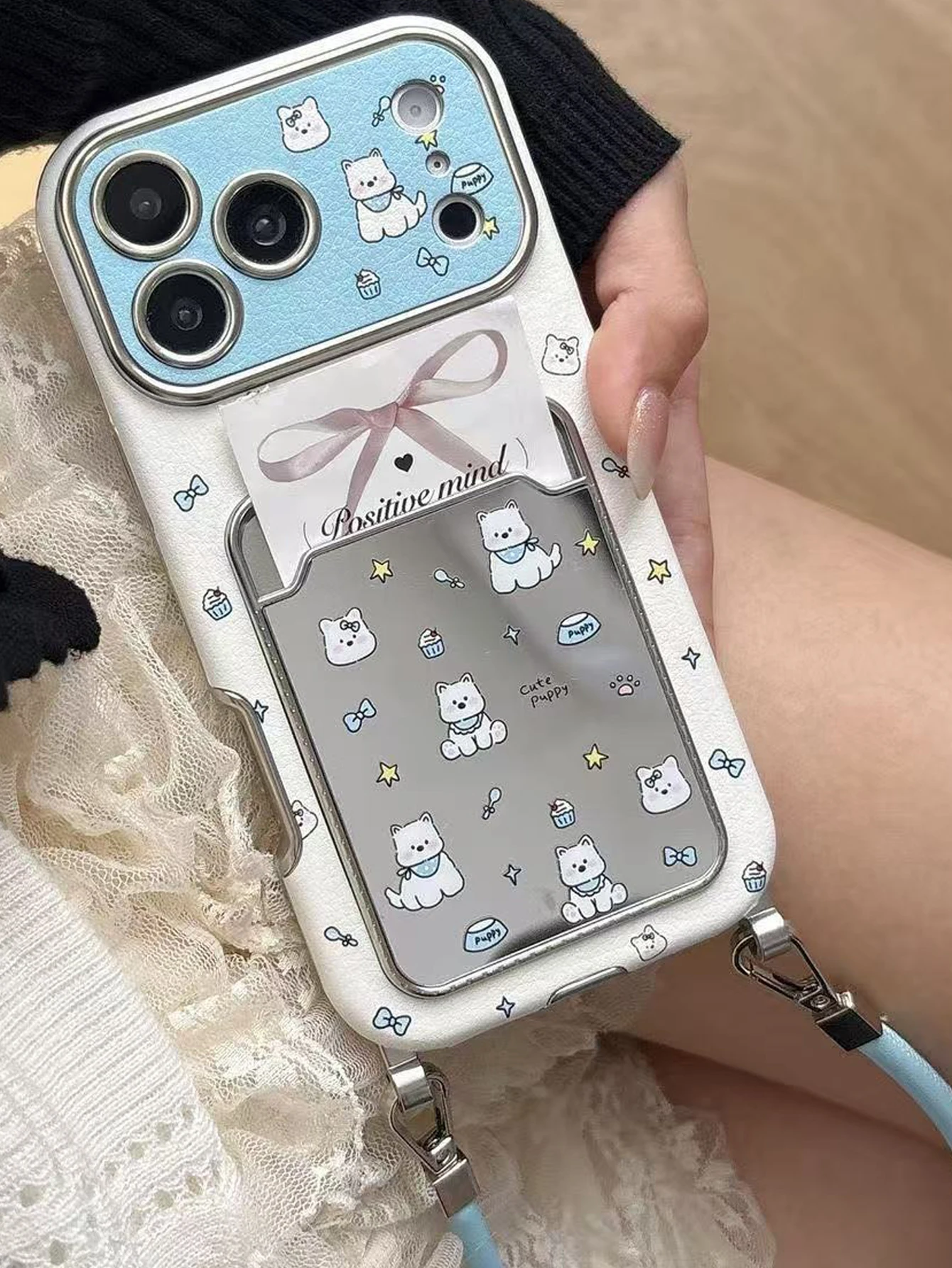 Cute Puppy Mirror Card Holder Phone Case With Wrist Strap For iPhone 16 15 14 13 12 11 Pro Max Kawaii Protective Cover view 6