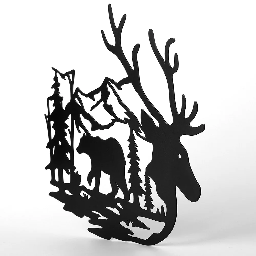 Deer Bear Sign Forest Pine Tree Black Cutout Signs Metal Wall Art Decor Hanging for Living Room Bedroom Bathroom Indoor Outdoor