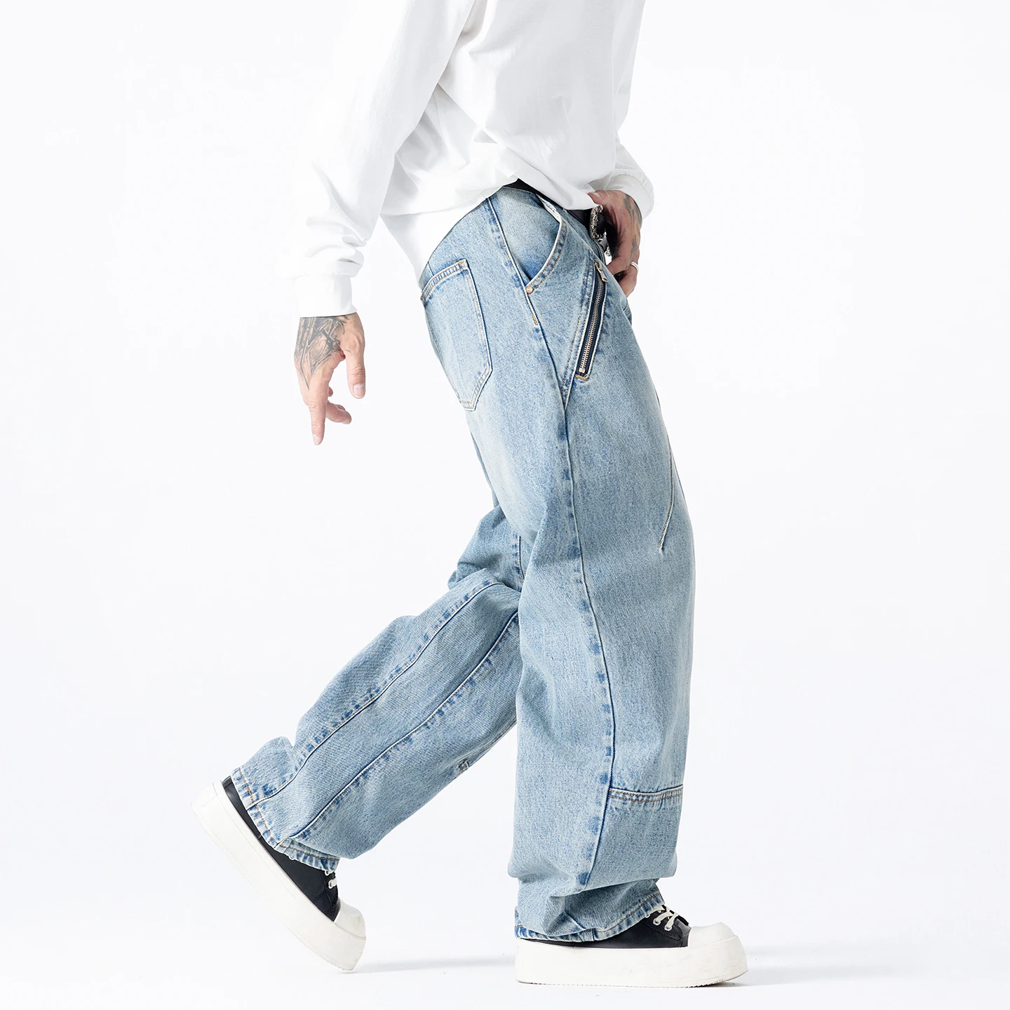 Épissure fermeture éclair Denim pantalon jean hommes Streetwear mode ample décontracté grande taille jambe large Cargo machette pantalon Baggy jean pantalon