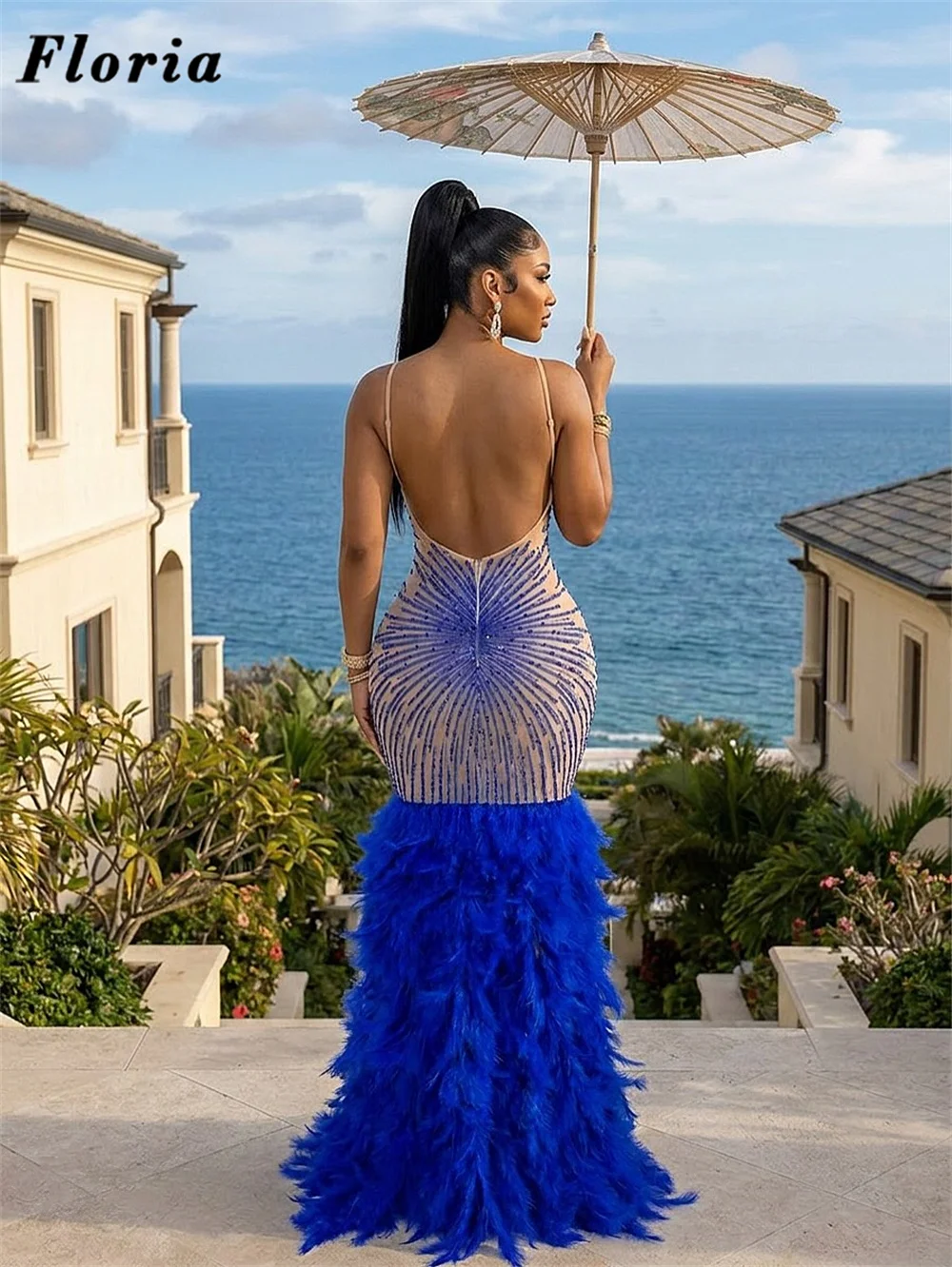 Haute Coutures Royal Blue Feathers Skirt Evening Dresses Sexy Backless Girls Beading Crystals Prom Dress Customized Party Gowns