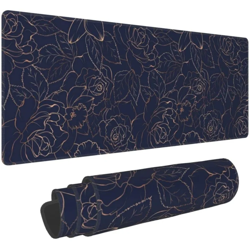 

Large floral mouse pad, Navy blue ribbon gold rose anti-slip rubber office computer accessory, notebook keyboard desk pads
