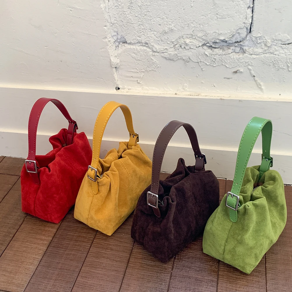 

Women Faux Suede Crossbody Bag Fashion Shoulder Bag Vintage Small Handbags Female Solid Color Drawstring Bucket Bag for Travel
