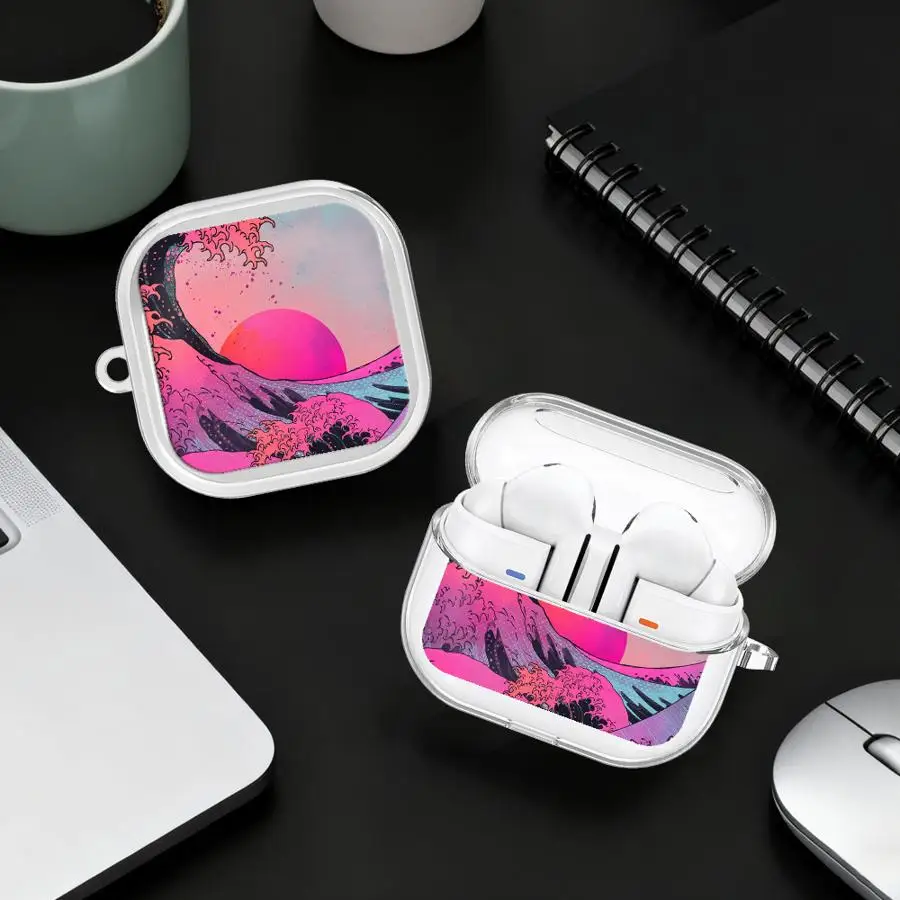 

Cartoon Wave Pattern Case For Samsung Galaxy Buds 2Pro 3Pro 4Pro 2 3 FE Live 4 Pro Clear Earphone Cases Cover With Hook