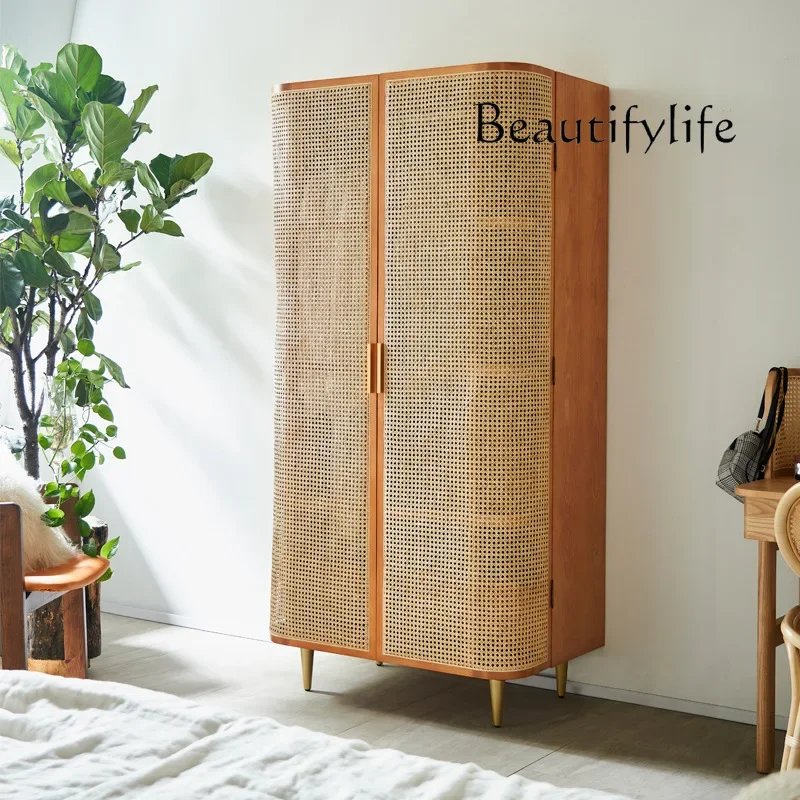 Wabi Sandy Wind Solid Wood Wardrobe Simple Rattan Double Door Large Capacity with Drawer