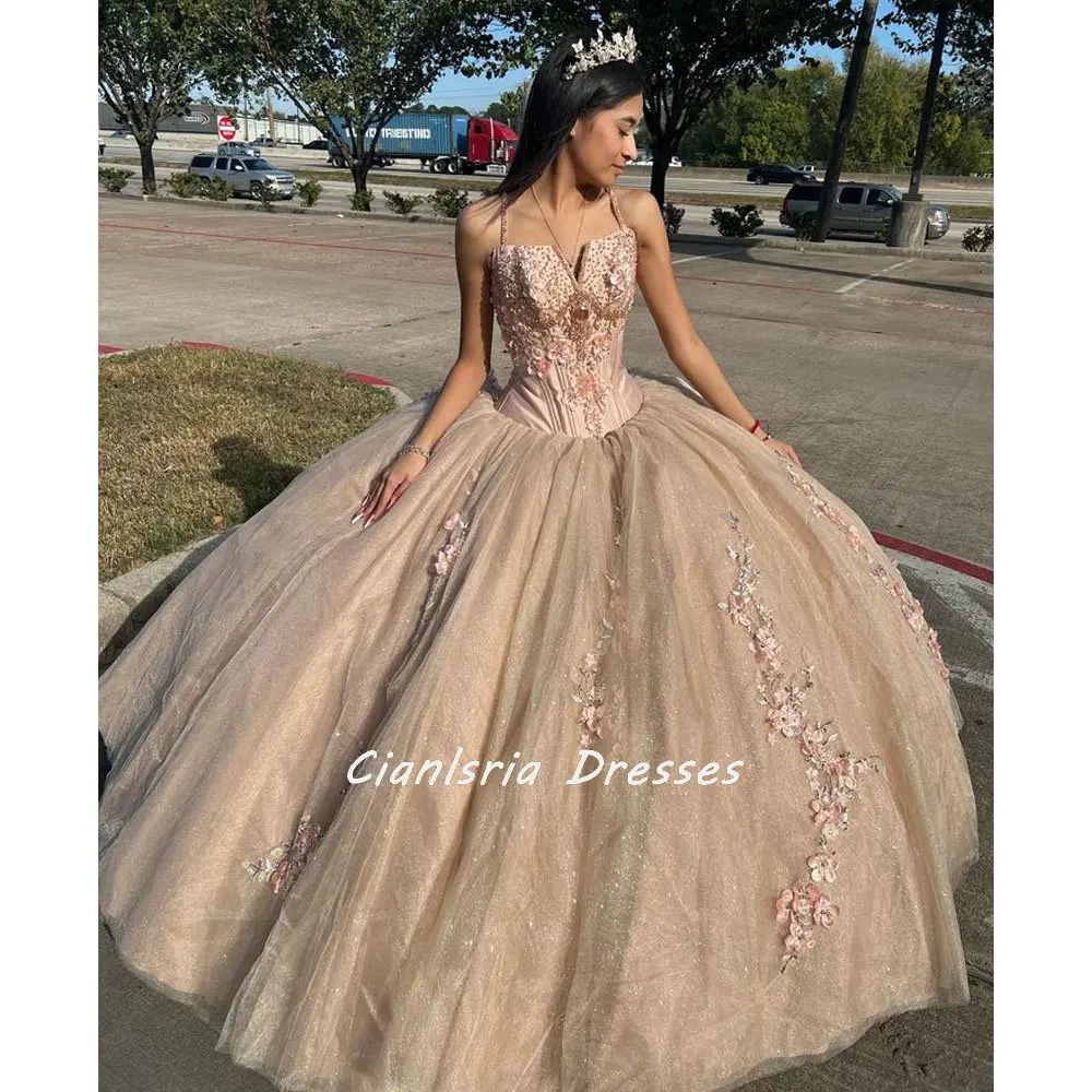 Vestido De quinceañera mexicana con tirantes finos color champán, vestido De baile con cuentas De cristal, apliques De flores en 3D, corsé, Vestidos De XV Anos