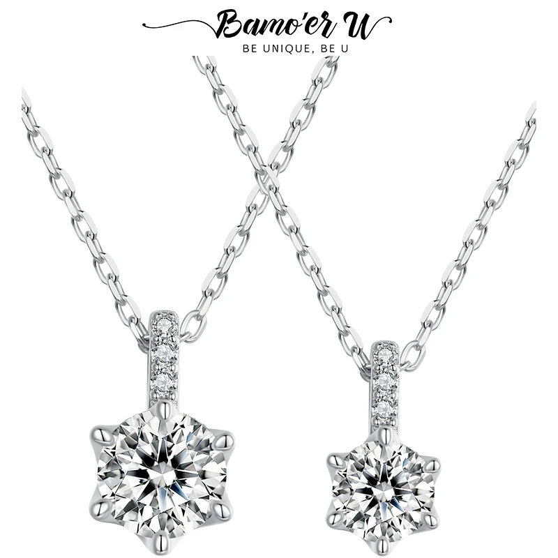 Bamoer U 0.5/1CT Moissanite Pendant Necklace 6 Prongs Round Cut VVS1 Lab Diamond Neck Chain For Women Engagement Jewelry Gift