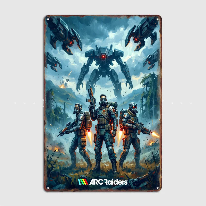 ARC Raiders Soldiers Facing Giant Mech Metal Posters Sign Bar Custom Bedroom Indoor Wall Decor Tin Room Decoration Home Decor