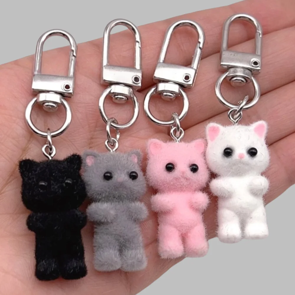 Cute 3D Flocking Kitten Keychain Simulation Animal Hobby Cartoon Doll Girl Keyring Car Bag Purse Phones Pendant Key Ring Gift