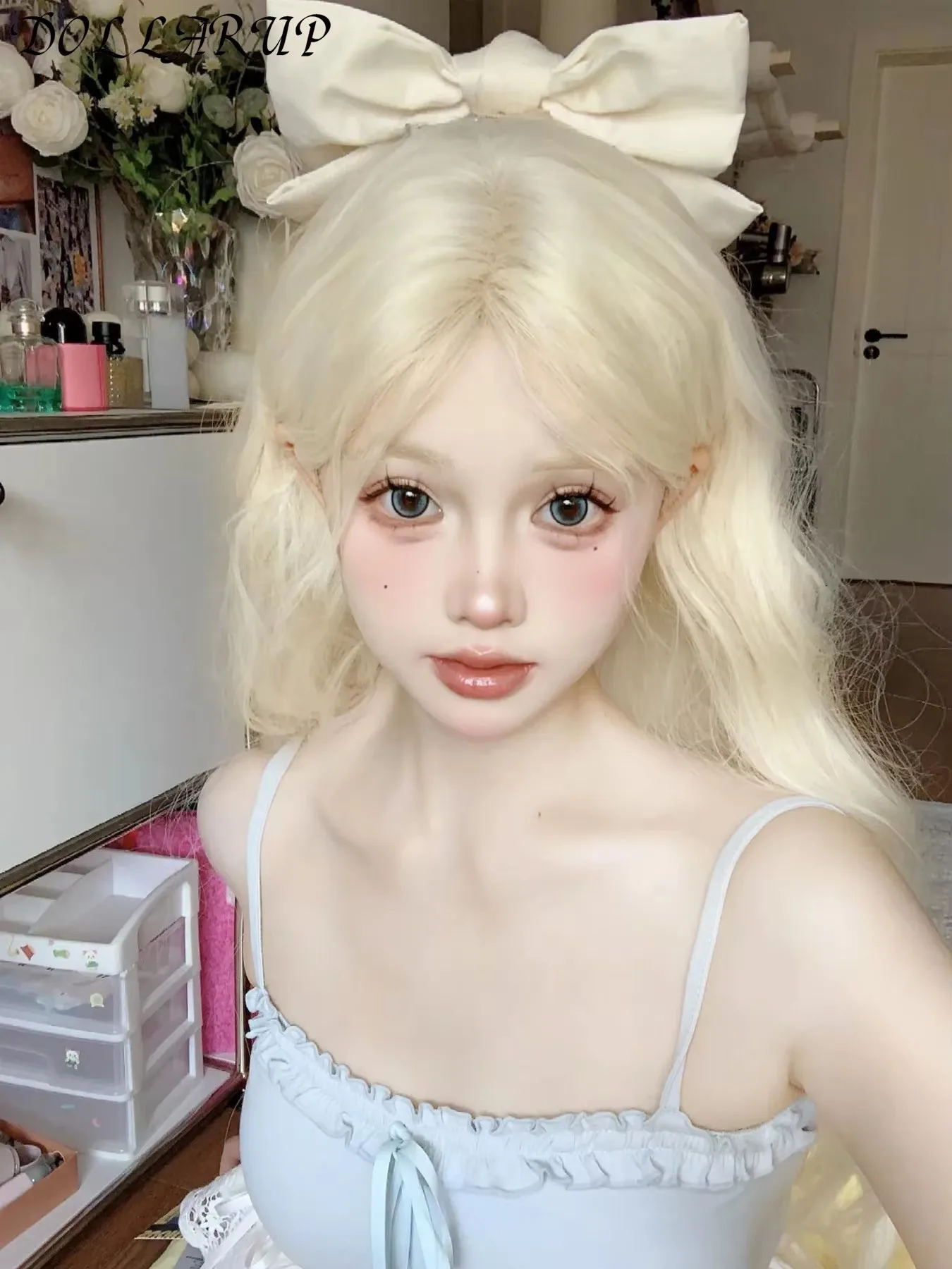 JKL شقراء طويلة مجعد الشعر بيروكات صناعية مع الانفجارات بلاتيوم الذهبي لوليتا تأثيري الباروكات للنساء اليومية حفلة تأثيري #5