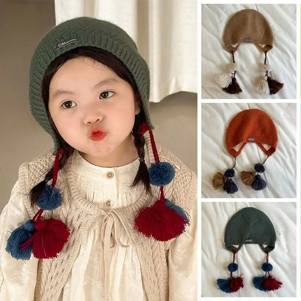

Cute Ethnic Style Children's Tassels Hat Autumn Winter Korean Handmade Crochet Hat Warm Ear Protection Girls Knitted Hat Outdoor