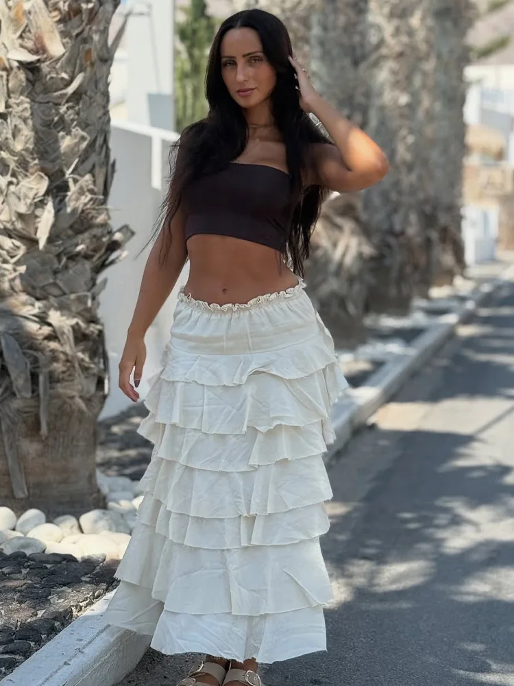 

HH Summer Women Fashion High Street Elastic Waist A-Line Solid Laminated Decoration Skirt Female Fold Midi Skirts Trendy
