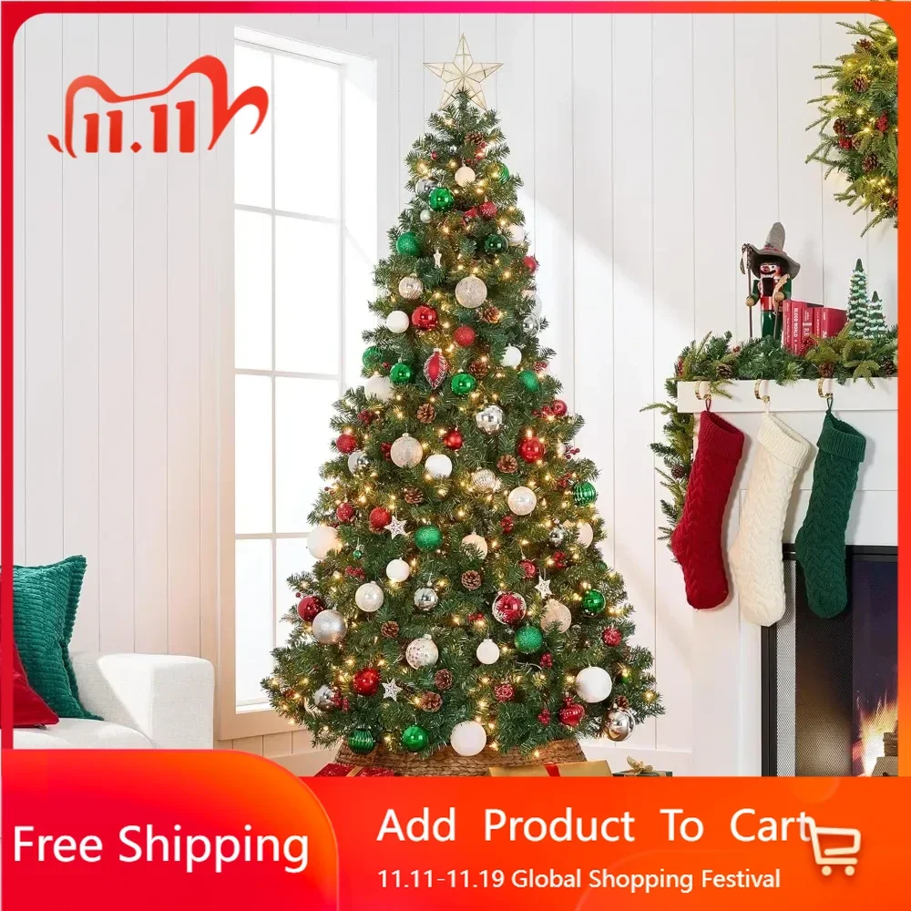 

9ft Artificial Christmas Tree W/ 2,128 Tips,Pre-Lit Pre-Decorated Spruce Hinged Pinecones, Berries, 900 Lights,Christmas Trees