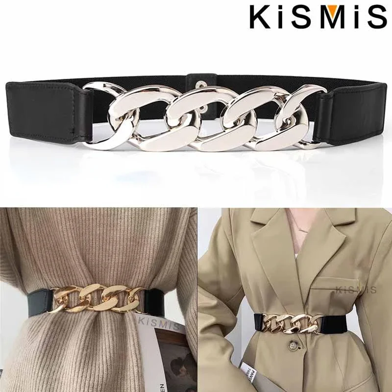 

1Pc Fashion Gold Chain Belt Elastic Silver Metal Waist Belts for Women Chain Waist Strap Dress Coat Sweater Decorative Waistband