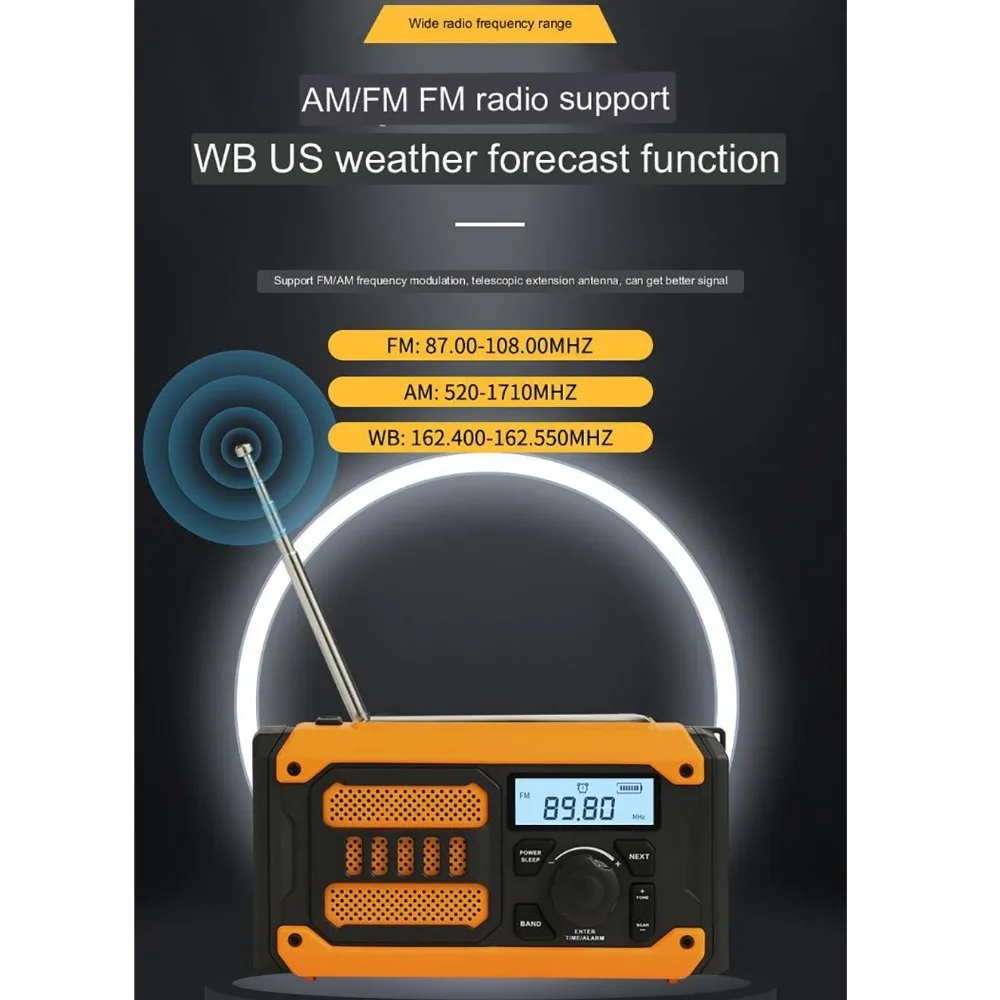 2000mAh Solar Emergency Radio AM FM NOAA Hand Crank Portable Weather Radio N in 1 Phone Charger SOS Outside Radio Outdoor