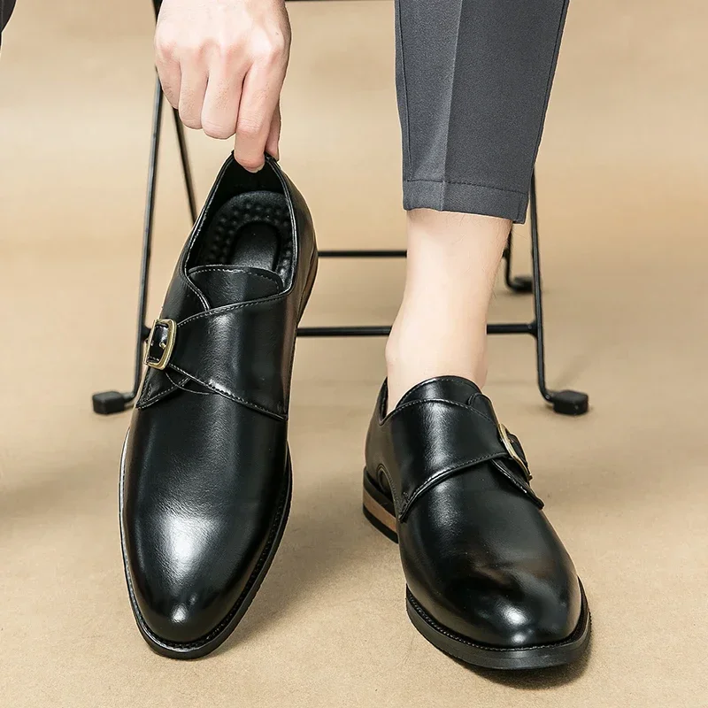 New Black Loafers for Men Brown  Buckle Strap Solid  Round Toe Pu Leather  Men Shoes  Size 38-46 Men Dress Shoes