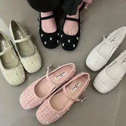 Nowe śliczne królicze buty Mary Jane damskie buty francuskie Retro 2023 jesienne mieszkania damskie okrągłe Toe na niskim obcasie płytkie buty