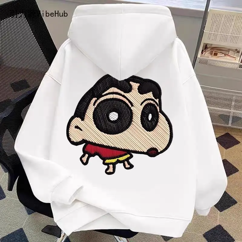 Cute Anime Crayon Shin-Chan Back Embroidery Hoodie Winter Warm Fleece Lined Oversized Hooded Pullover Couple Matching Sweatshirt view 3