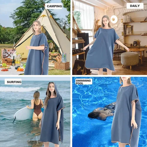 Imagen 2 del producto Poncho de Surf de secado rápido, bata con toalla cambiante, Sudadera con capucha para adultos, hombres y mujeres, traje de neopreno de playa de microfibra, Tops, surf, natación, parque de baño