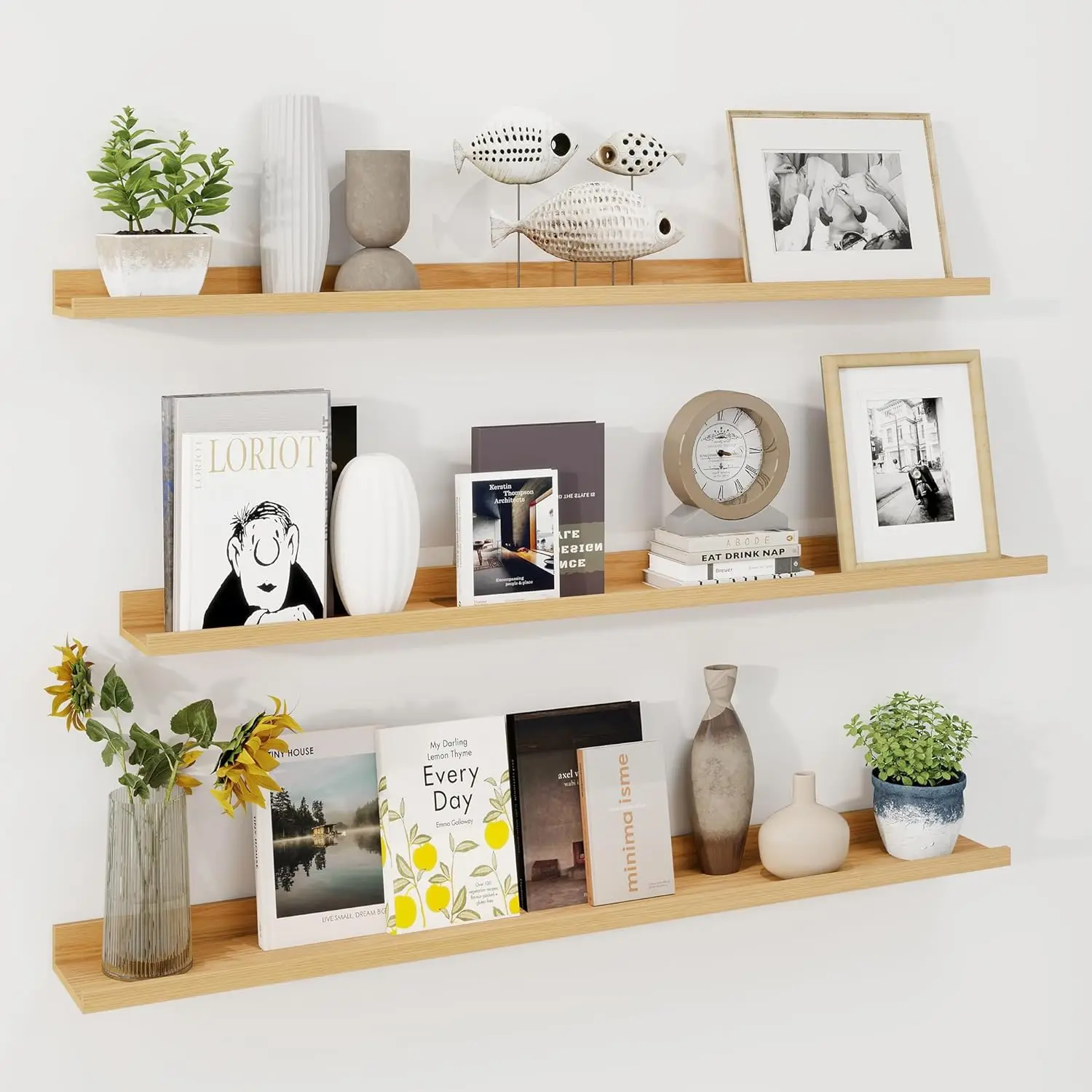 

48 Inch Floating Shelves with Lip, Set of 3 - Oak - Wall Mounted - 22 lbs Capacity